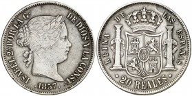 1857. Isabel II. Barcelona. 20 reales. (AC. 572). 25,87 g. Muy rara. MBC.