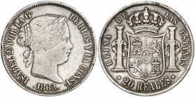 1862. Isabel II. Barcelona. 20 reales. (AC. 575). 25,74 g. Raya en anverso. Rara. (MBC).