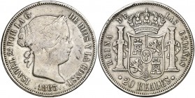 1863. Isabel II. Barcelona. 20 reales. (AC. 576). 25,55 g. Golpes. Muy rara. (MBC-/MBC).