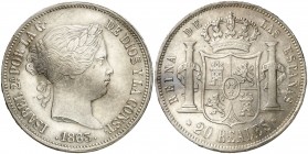 1863. Isabel II. Barcelona. 20 reales. (AC. 576). 25,96 g. Bella. Parte de brillo original. Ex Colección Isabel de Trastámara 29/10/2015, nº 1216. Rar...