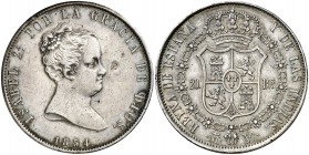 1834. Isabel II. Madrid. NC. 20 reales. (AC. 578). 26,89 g. Manipulación en campo anverso. Muy rara. (MBC+/EBC-).