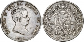 1836. Isabel II. Madrid. CR. 20 reales. (AC. 580). 26,80 g. Golpecitos. Rara. MBC.