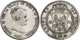 1837. Isabel II. Madrid. CR. 20 reales. (AC. 581). 26,89 g. Golpes en canto. Rayitas. Rara. (MBC-/MBC).