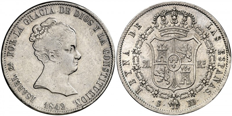 1842. Isabel II. Sevilla. RD. 20 reales. (AC. 623). 27,21 g. Golpe en canto. Muy...
