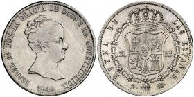 1842. Isabel II. Sevilla. RD. 20 reales. (AC. 623). 27,21 g. Golpe en canto. Muy rara. MBC+.