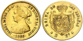 1865. Isabel II. Madrid. 2 escudos. (AC. 675). 1,66 g. MBC/MBC+.