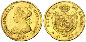 1867. Isabel II. Madrid. 4 escudos. (AC. 691). 3,36 g. Golpecito. MBC+.