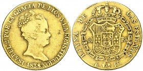 1838. Isabel II. Barcelona. PS. 80 reales. (AC. 701). 6,66 g. CONSTITUCION. MBC-.