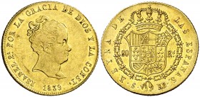 1839. Isabel II. Sevilla. RD. 80 reales. (AC. 743). 6,74 g. Parte de brillo original. MBC/MBC+.