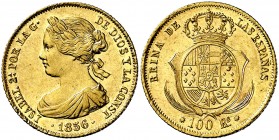 1856. Isabel II. Barcelona. 100 reales. (AC. 766). 8,38 g. Bella. Ex Áureo & Calicó Selección 2016, nº 423. Rara. EBC+.