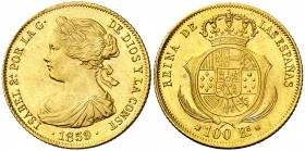 1859. Isabel II. Barcelona. 100 reales. (AC. 770). 8,38 g. Leves rayitas. Parte de brillo original. EBC.