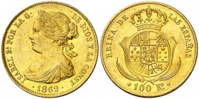 1862. Isabel II. Madrid. 100 reales. (AC. 789). 8,31 g. Leves marquitas. Brillo original. EBC-/EBC.