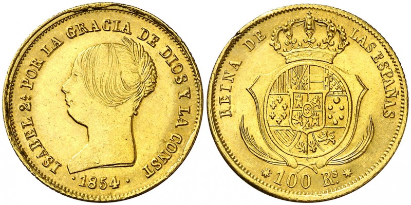 1854. Isabel II. Sevilla. 100 reales. (AC. 795). 8,33 g. Leves golpecitos. Brill...