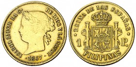 1867. Isabel II. Manila. 1 peso. (AC. 831). 1,69 g. Probablemente sirvió como joya. Muy rara. MBC-/MBC.