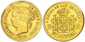 1865. Isabel II. Manila. 2 pesos. (AC. 845). 3,36 g. Golpecitos. MBC/MBC+.