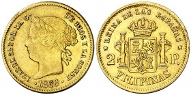1866. Isabel II. Manila. 2 pesos. (AC. 847). 3,40 g. Leves golpecitos. Muy rara. MBC+.