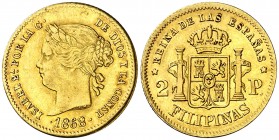 1868. Isabel II. Manila. 2 pesos. (AC. 850). 3,30 g. MBC+.