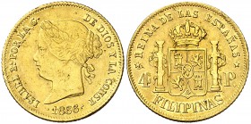 1866/5. Isabel II. Manila. 4 pesos. (AC. 861). 6,73 g. Golpecitos. Parte de brillo original. Rara. MBC+/MBC.