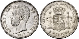 1871*1873. Amadeo I. DEM. 5 pesetas. (AC. 3). 24,79 g. Leves rayitas. Muy atractiva. Parte de brillo original. Muy rara así. MBC+/EBC-.
