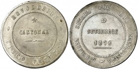 1873. Revolución Cantonal. Cartagena. 5 pesetas. (AC. 11). 28,57 g. No coincidente. 86 perlas en la gráfila del anverso y 90 en la del reverso. Golpec...