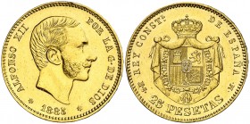 1885*1886. Alfonso XII. MSM. 25 pesetas. (AC. 91). 8,05 g. Limpiada. Muy rara. (EBC-).