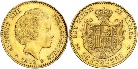 1892*1892. Alfonso XIII. PGM. 20 pesetas. (AC. 115). 6,44 g. Tipo "bucles". Rara. EBC-.