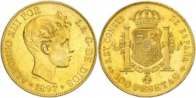1897*1897. Alfonso XIII. SGV. 100 pesetas. (AC. 119). 32,19 g. Leves golpecitos. Parte de brillo original. Rara. EBC.