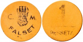 Falset. 1 peseta. (T. 1122b). 0,66 g. Moneda en celuloide. Rara. MBC.