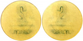 Falset. 2 pesetas. (T. 1121a). 0,60 g. Moneda en celuloide. Rara. MBC-.