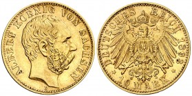 1893. Alemania. Sajonia. Alberto. E (Dresde). 10 marcos. (Fr. 3844) (Kr. falta). 3,96 g. AU. Escasa. EBC-.