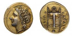 Monete della Magna Grecia
Sicilia
Siracusa - Agatocle (317-289 a.C.) - 50 Litre databili al periodo 310-300 a.C. - Diritto: testa laureata di Apollo...