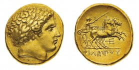 Monete Greche
Macedonia
Filippo II (359-336 a.C.) - Statere d'oro postumo databile al periodo 323-316 a.C. - Zecca: Pella - Diritto: testa laureata ...