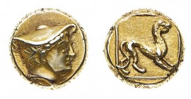 Monete Greche
Lesbo
Mytilene - Hekte o 1/6 Statere databile al periodo 377-326 a.C. - Diritto: testa di Hermes a destra con petaso - Rovescio: pante...