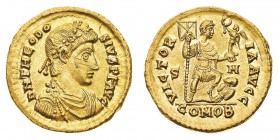 Monete Romane Imperiali
Teodosio I (379-395 d.C.)
Solido databile al periodo 393-395 d.C. - Zecca: Sirmium - Diritto: busto diademato di rosette, dr...