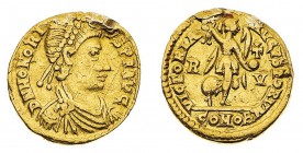 Monete Romane Imperiali
Onorio (395-423 d.C.)
Tremisse databile al periodo 408-423 d.C. - Zecca: Ravenna - Diritto: busto diademato di perle, drappe...