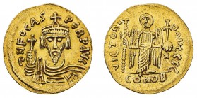 Monete Bizantine

Foca (602-610) - Imitazione di un Solido - Diritto: mezzo busto coronato dell'Imperatore di fronte con il globo crucigero nella ma...