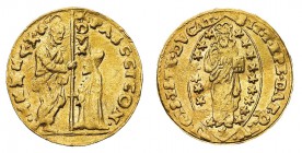Monete di Zecche Italiane
Repubblica di Venezia
Pasquale Cicogna (1585-1595) - Zecchino - Zecca: Venezia - Diritto: il Doge genuflesso riceve da San...