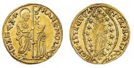 Monete di Zecche Italiane
Repubblica di Venezia
Francesco Molin (1646-1655) - Zecchino - Zecca: Venezia - Diritto: il Doge genuflesso riceve da San ...