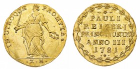 Monete di Zecche Italiane
Repubblica di Venezia
Paolo Renier (1779-1789) - Osella in oro da 4 Zecchini 1781 Anno III - Zecca: Venezia - Diritto: fig...
