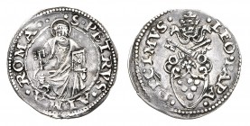 Monete di Zecche Italiane
Stati Pontifici
Leone X (1513-1521) - Quarto di Giulio - Zecca: Roma - Diritto: stemma sormontato dalle chiavi decussate e...