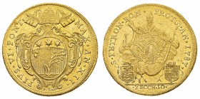 Monete di Zecche Italiane
Stati Pontifici
Pio VI (1775-1799) - 10 Zecchini 1787 Anno XII - Zecca: Bologna - Diritto: stemma in cartella ornata sormo...