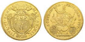 Monete di Zecche Italiane
Stati Pontifici
Pio VI (1775-1799) - 10 Zecchini 1787 Anno XII - Zecca: Bologna - Diritto: stemma in cartella orrnata sorm...