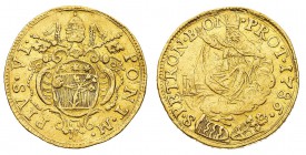 Monete di Zecche Italiane
Stati Pontifici
Pio VI (1775-1799) - Doppio Zecchino 1786 - Zecca: Bologna - Diritto: stemma sormontato dalle chiavi decus...
