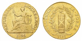 Antichi Stati Italiani
Repubblica Ligure (1798-1805)
96 Lire 1798 - Zecca: Genova - Diritto: la Repubblica turrita seduta a sinistra tiene una lanci...