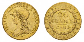Antichi Stati Italiani
Repubblica Subalpina (1800-1802)
20 Franchi Anno 9° - Zecca: Torino - Diritto: effigie muliebre elmata a sinistra, allegoria ...