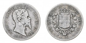 Regno di Sardegna
Vittorio Emanuele II (1849-1861)
50 Centesimi 1860 - Zecca: Torino - Diritto: effigie del Re a destra - Rovescio: stemma di Casa S...