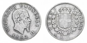 Regno d'Italia
Vittorio Emanuele II (1861-1878)
2 Lire 1862 - Zecca: Napoli - Diritto: effigie del Re a destra - Rovescio: stemma di Casa Savoia cor...