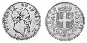 Regno d'Italia
Vittorio Emanuele II (1861-1878)
5 Lire 1861 - Zecca: Torino - Diritto: effigie del Re a destra - Rovescio: stemma di Casa Savoia cor...