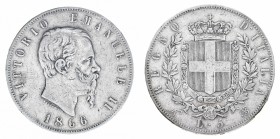 Regno d'Italia
Vittorio Emanuele II (1861-1878)
5 Lire 186 - Zecca: Napoli - Diritto: effigie del Re a destra - Rovescio: stemma di Casa Savoia coro...