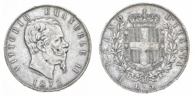 Regno d'Italia
Vittorio Emanuele II (1861-1878)
5 Lire 1872 - Zecca: Roma - Diritto: efficie del Re a destra - Rovescio: Rara - Colpetti sul contorn...